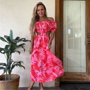 Vici Pink and Red Puff Sleeve Off-Shoulder Sundress